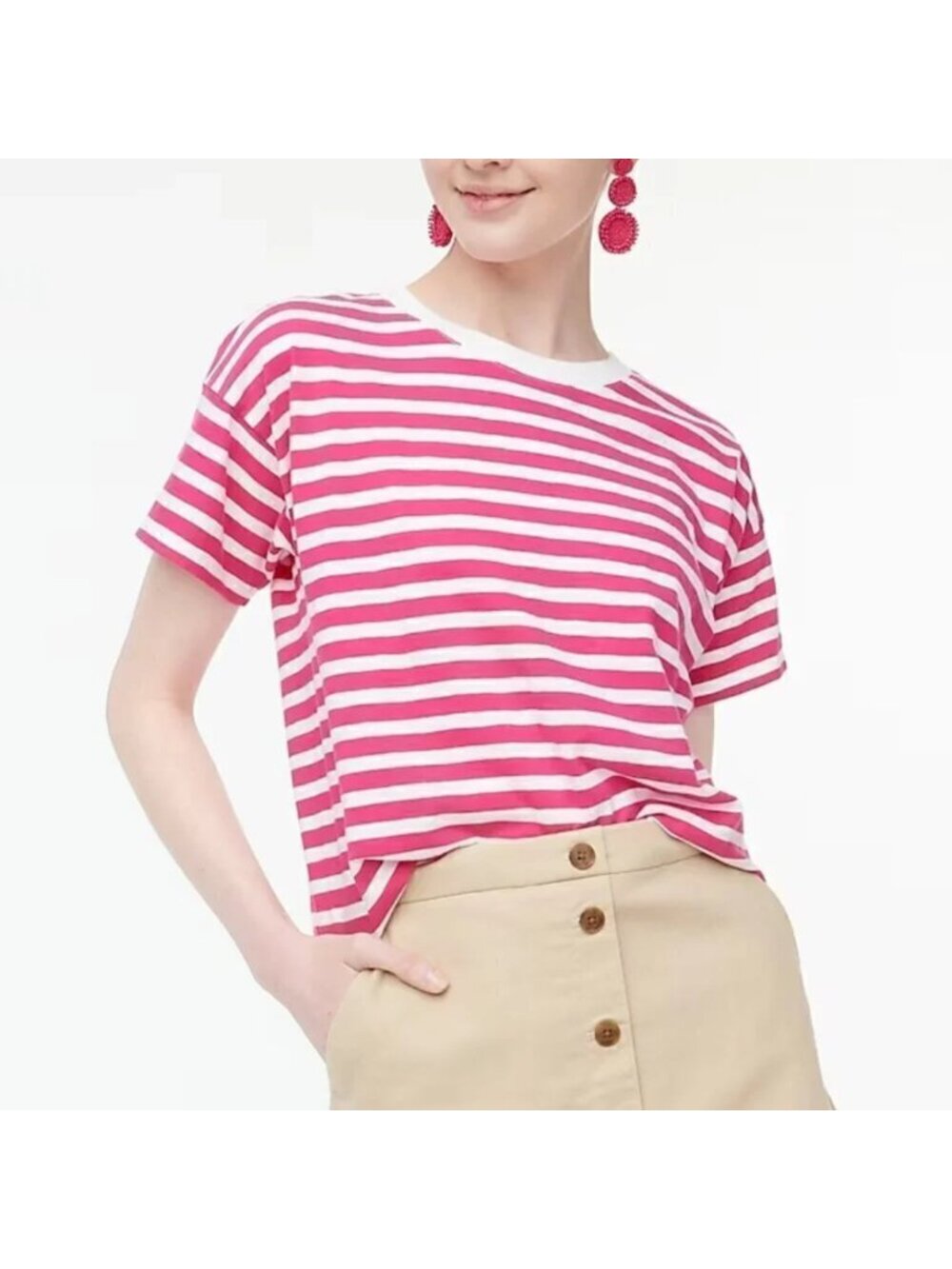 NWT J.CREW FACTORY Vivid Begonia Pink & White Striped Crewneck T-Shirt Sz XS-L